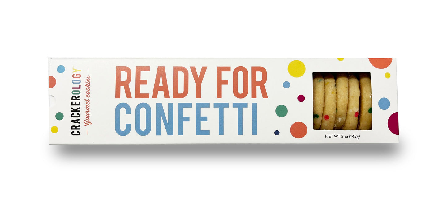 Packaging for 'Ready for Confetti' cookies, featuring the product name and a colorful design with confetti graphics.