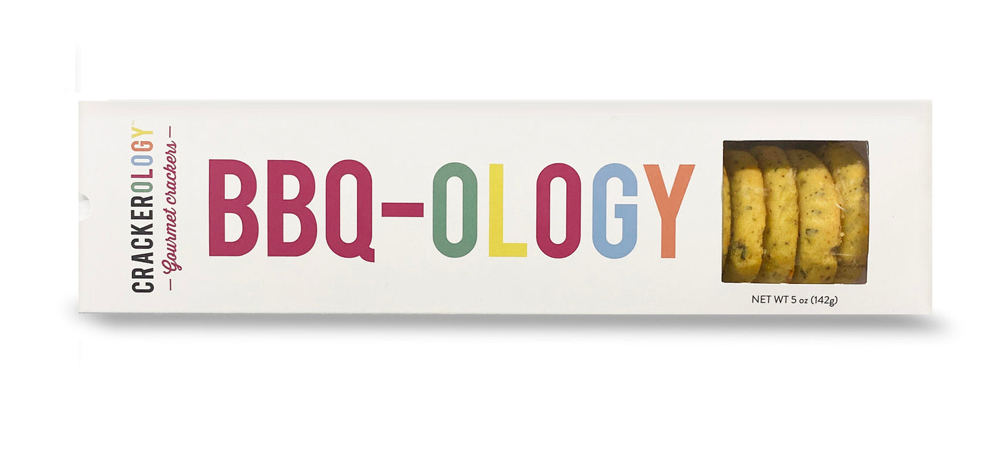 A packaged product labeled 'BBQ-ology' which appears to be crackers visible through the transparent window of the box.