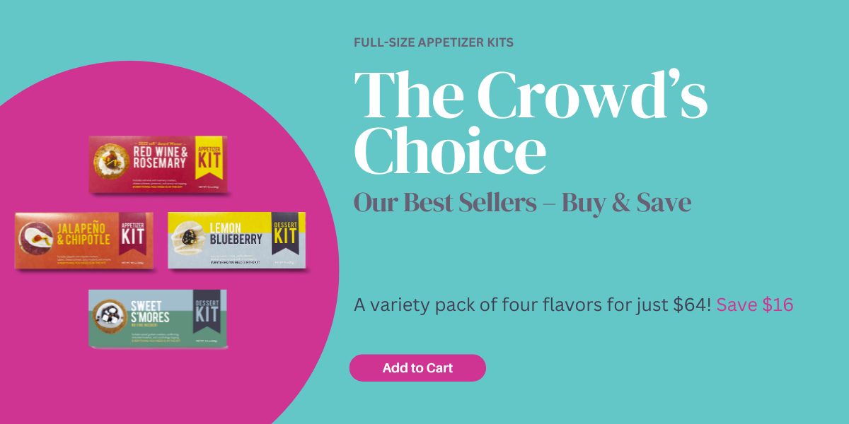 A promotional image featuring a variety pack of four flavors of Crackerology. The kits are displayed in individual packaging with labels indicating the flavors, which are Red Wine & Rosemary, Jalapeno & Chipotle, Lemon Blueberry, and Sweet S'mores.