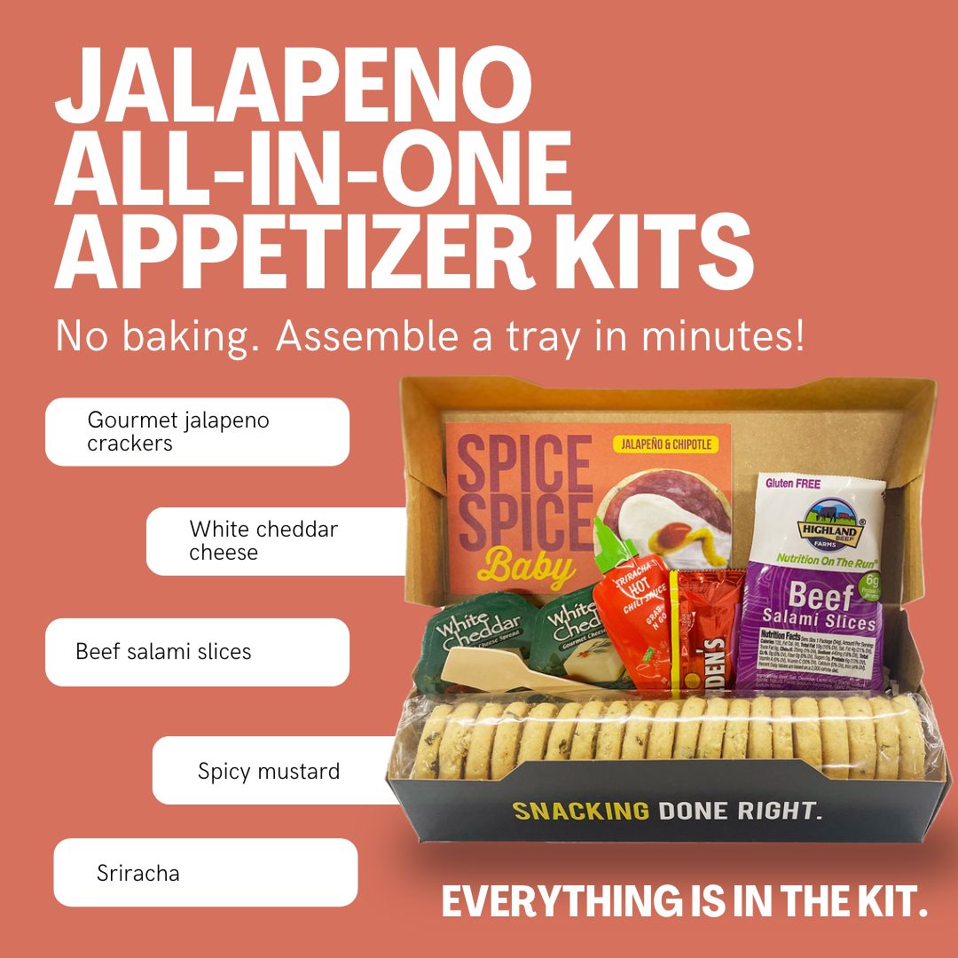 A detailed description of what is in the Jalapeno & Chipotle Appetizer kit. Jalapeno crackers, cheese, mustard, sriracha,  & salami.