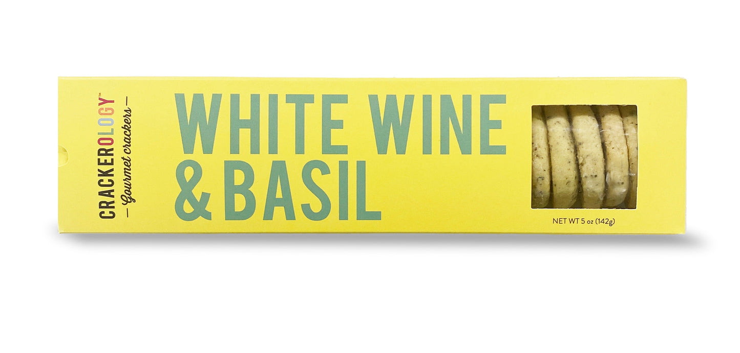 Packaging of White Wine & Basil Crackers with a clear window showing the crackers inside.